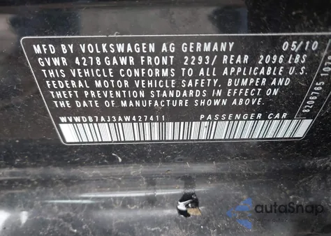 2010 Volkswagen Golf z USA, uszkodzony, nr VIN WVWDB7AJ3AW427411